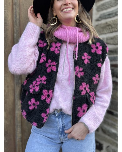 sherpa bouclette carly noir fleurs rose