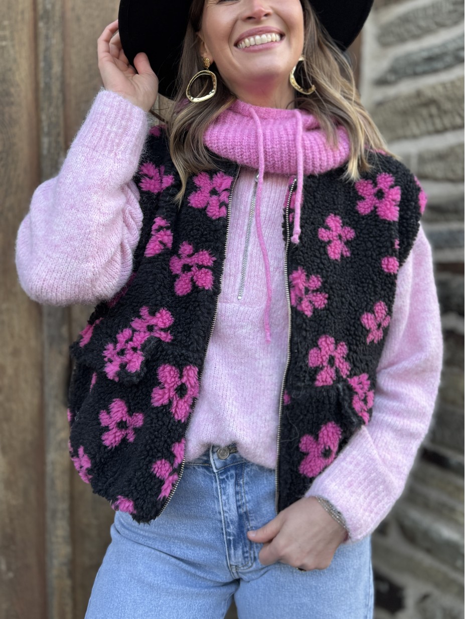 sherpa bouclette carly noir fleurs rose